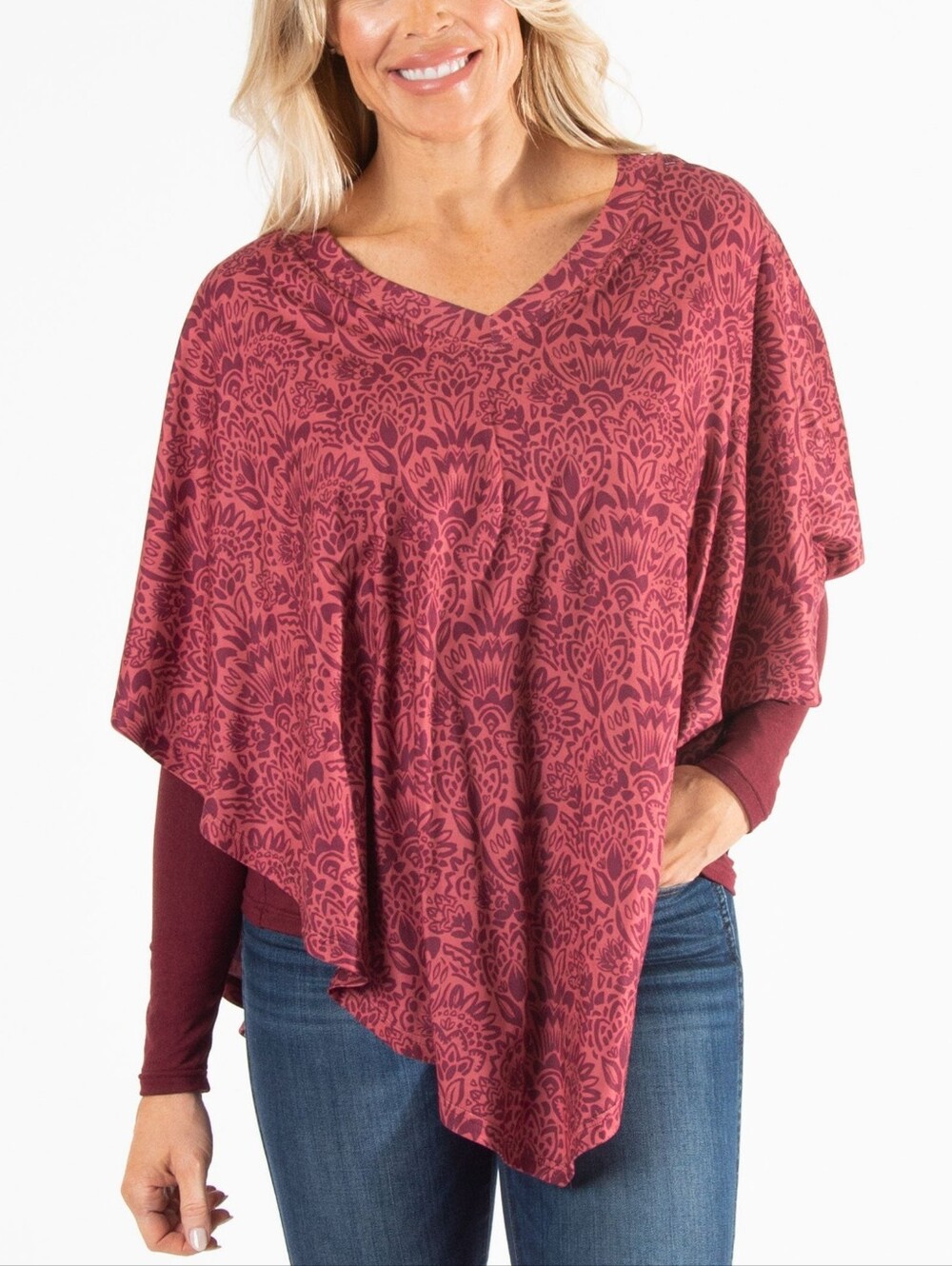 Arianna by Howard's Women Burgundy Floral Layered Poncho Shirt Size L/XL Stretch